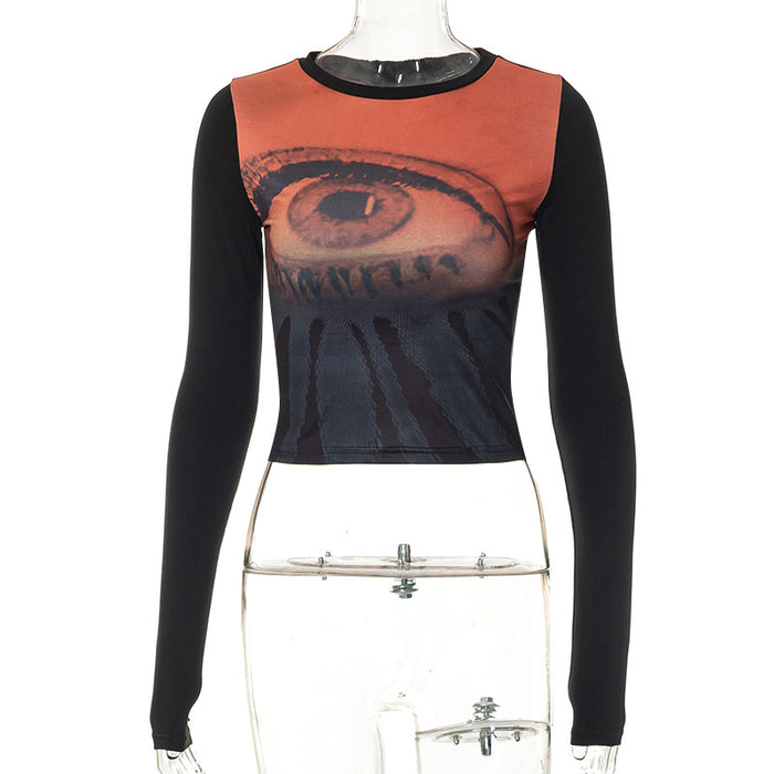 Autumn round Neck Pullover Long Sleeve Printed Cropped Casual Women  Clothing Top