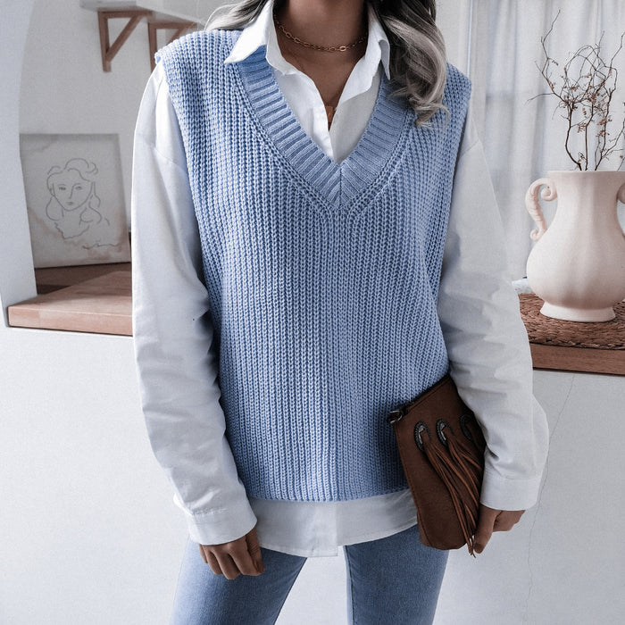 Autumn Winter V-neck Casual Loose Knitted Sweater Vest Jacket Women Clothing