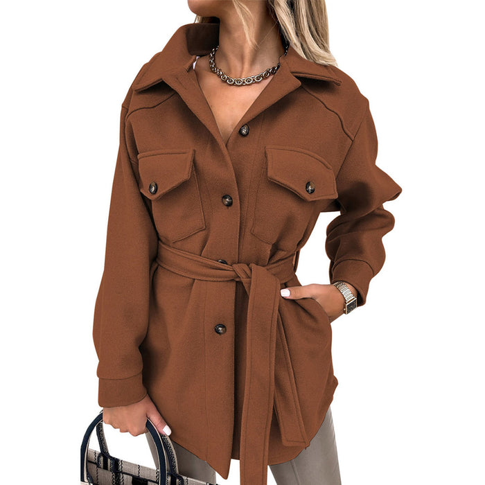 Lace-up Trench Coat Jacket Winter Solid Color Polo Collar Mid-Length Coat