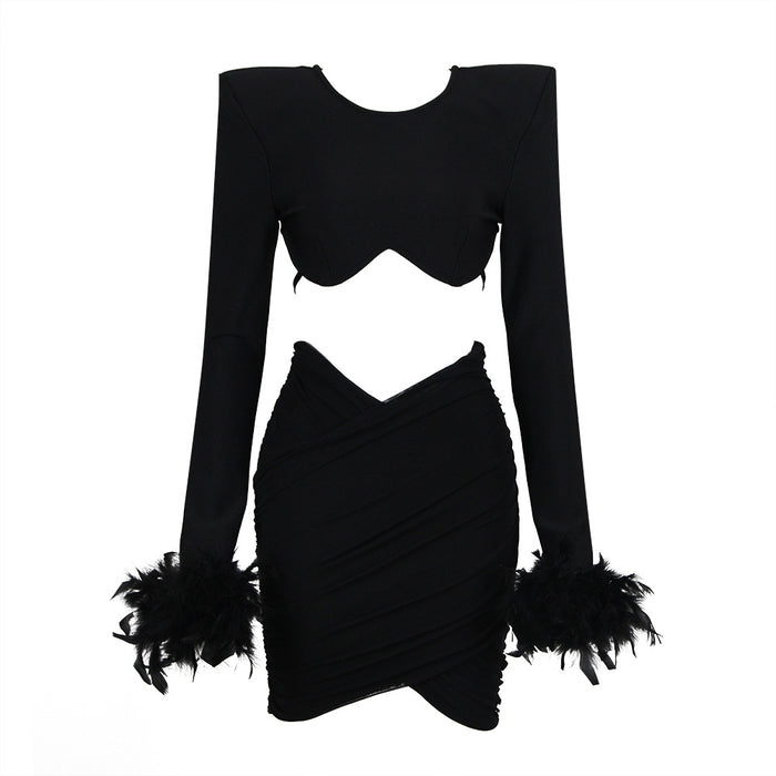 sets Sexy Cropped Feather Cuff Long Sleeve Top Tight Pleated Skirt Two Piece Set