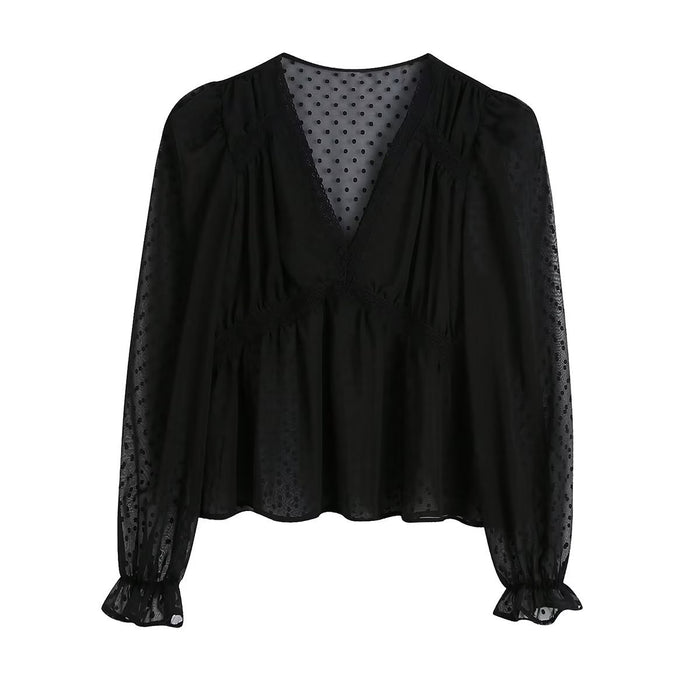 Women  Sexy Slim Black Lace Trim Shirt