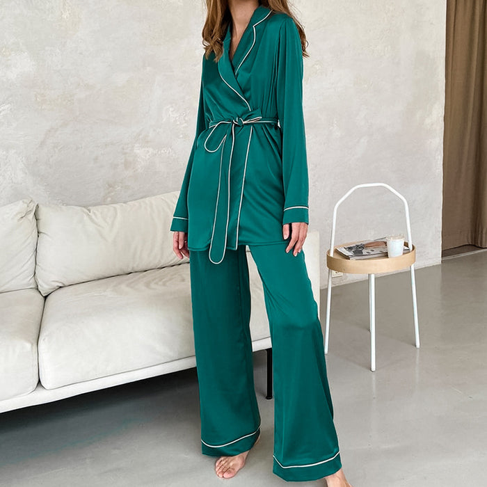 Autumn Satin Long Sleeve Cardigan Lace up Pajamas Robe Women Home Wear Loose Trousers Pajamas Suit