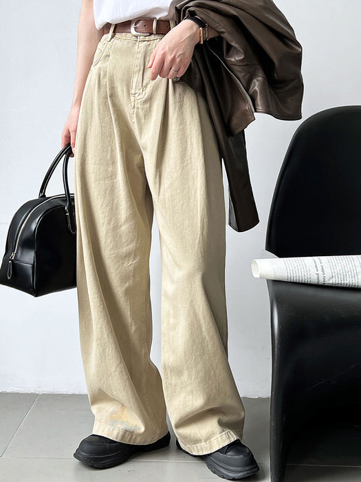 Retro Workwear Khaki Jeans Women  High Grade Casual Wide Leg Draggle Tail Trousers Trendy