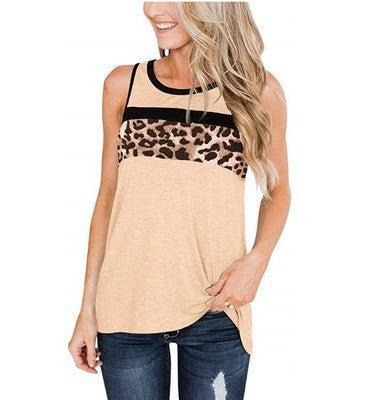 Spring Summer Women Clothing Round Neck Sleeveless Stitching Leopard Print Vest T Shirt Top