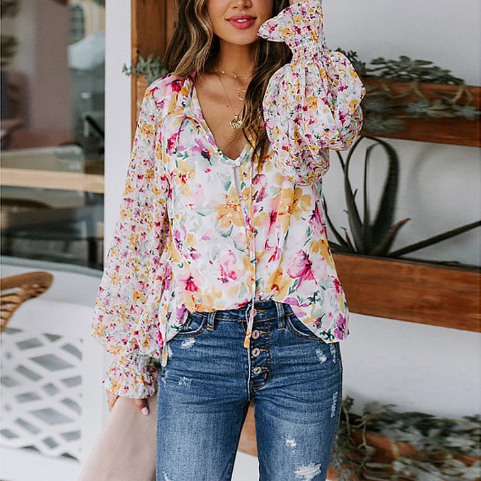 Summer New  Women Clothing Printed Lantern Long Sleeve Casual Loose Shirt