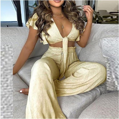 Sexy Ruffled Tied Top Casual Trousers Two Piece Set for Women