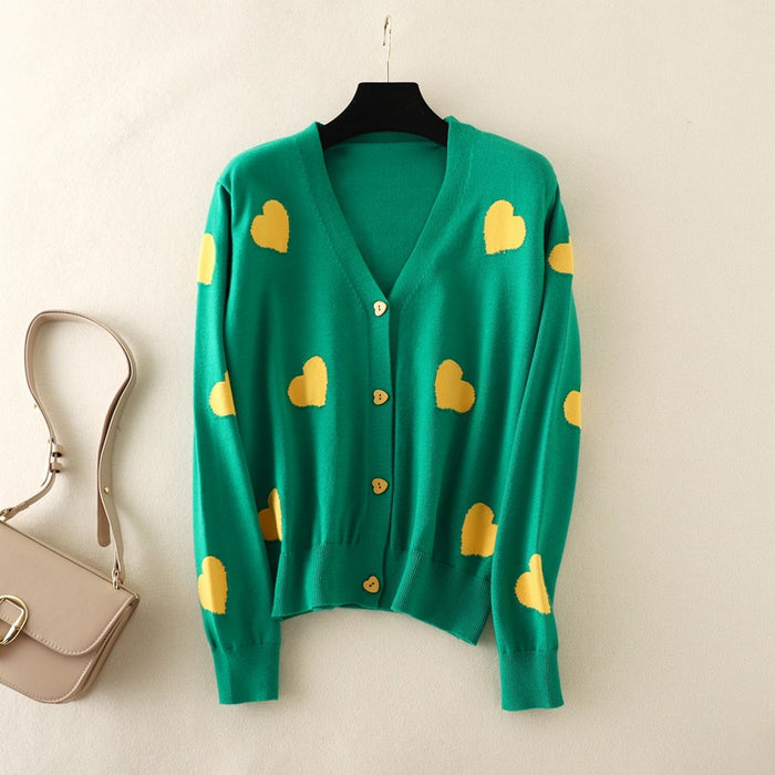 Classic Love V neck Pearl Heart Shaped Single Breasted Knitted Sweater Cardigan Women Cute Top