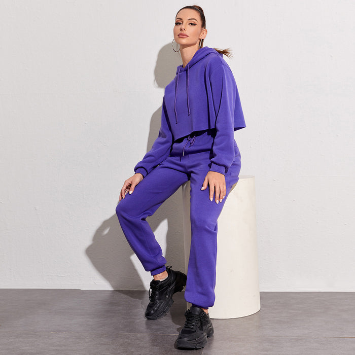 Autumn Winter Fleece Lined Long-Sleeved Short Sweater Women cropped Hooded Fleece Shirt Women Solid Color Straight Leg Pants Suit