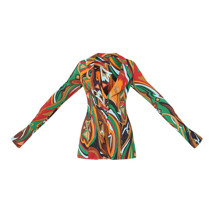 Autumn Sexy Sexy Deep V Plunge Printed Shirt Long Sleeve Waist Tie Dyed Women  Clothing