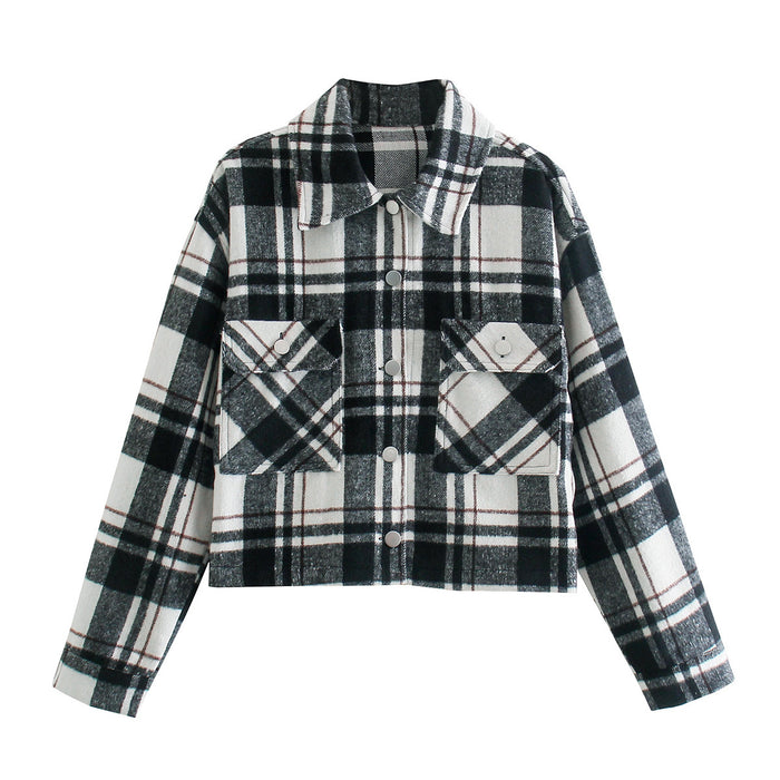 Autumn Winter Black White Plaid Short Single-Breasted Double Pocket Collared Long Sleeve Shacket Coat