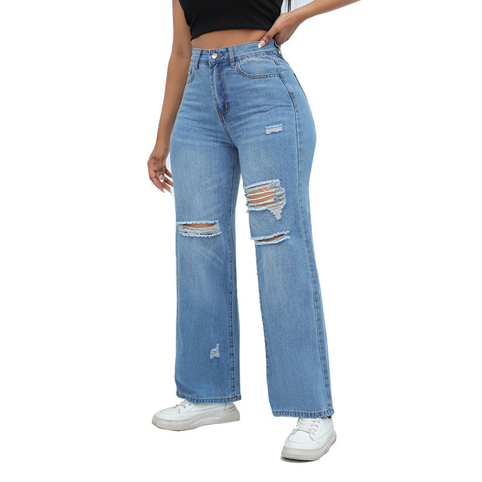 Jeans Water Washed Hole Wide Leg Jeans Women