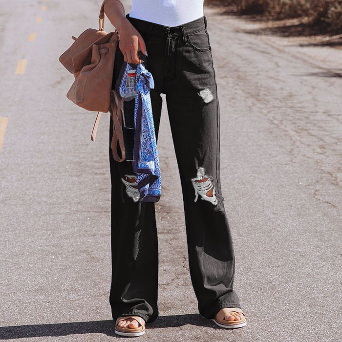 Summer Water Washed Hole High Waist Denim Pants Casual Pants Wide-Leg Pants for Women