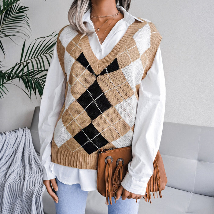 Autumn Winter College Rhombus V-neck Casual Loose Knit Vest Sweater Women Clothing