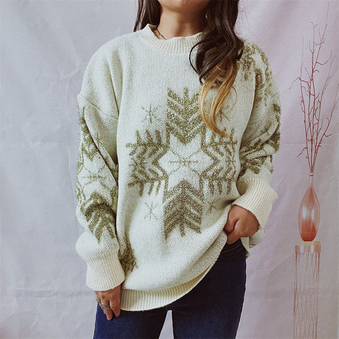 Autumn Winter Loose Gold Line Big Snowflake Christmas Sweater Round Neck Long Sleeved Thickened Pullover Women