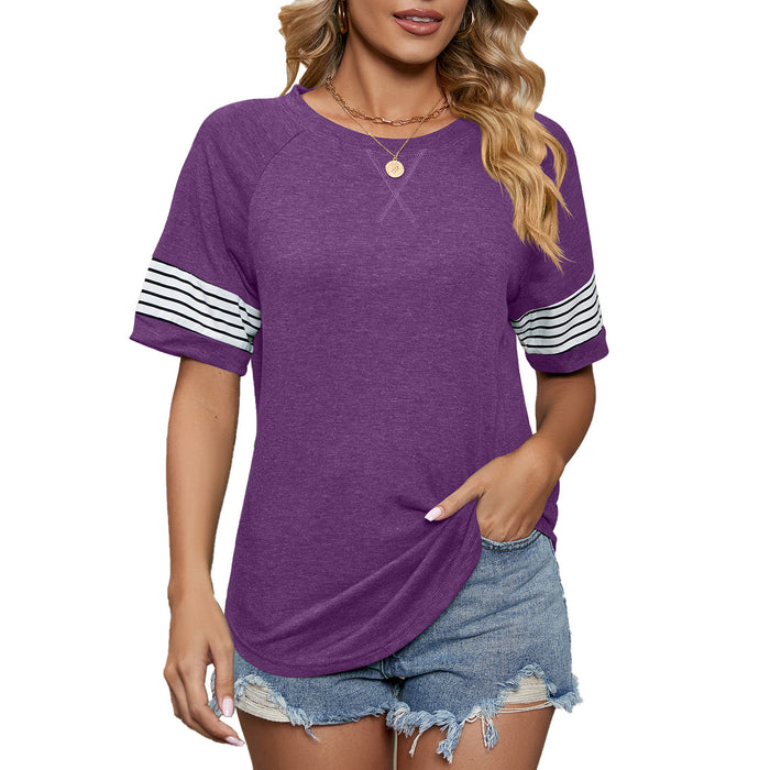 Summer Striped Stitching Loose round Neck Short Sleeve T shirt Top Women