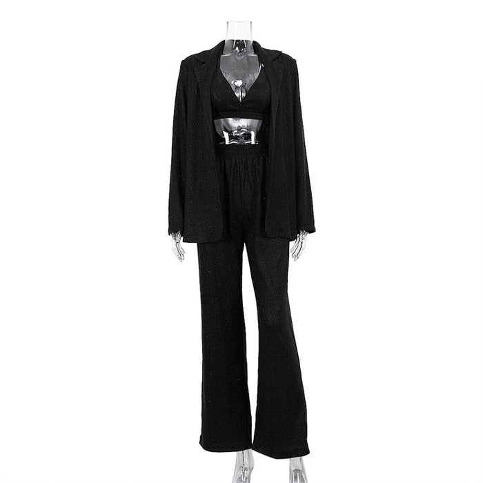 Women  Clothing Glitter Three Piece Set Sexy Party Long Sleeve Suit Top High Waist Trousers Suit