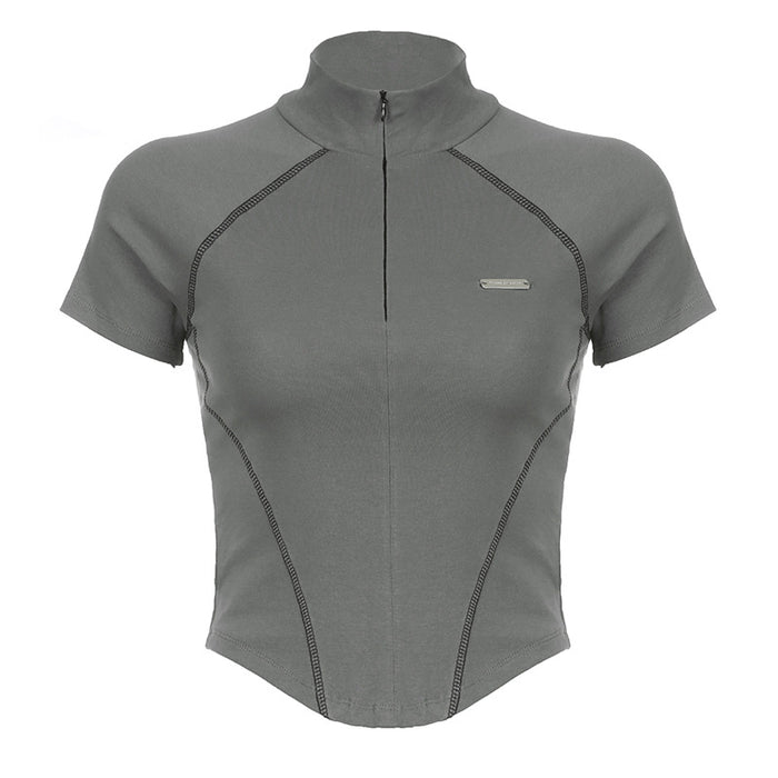 Mechanical Line Design Sexy Fitness Sports Waist Trimming Half Turtleneck Zipper Bottoming Long Sleeve