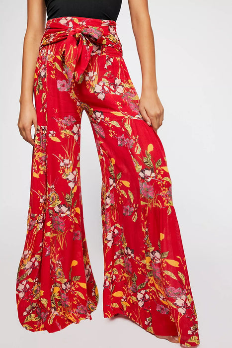 Digital Printing Women Casual Loose Flared Wide Leg Pants Beach Straight-Leg Trousers