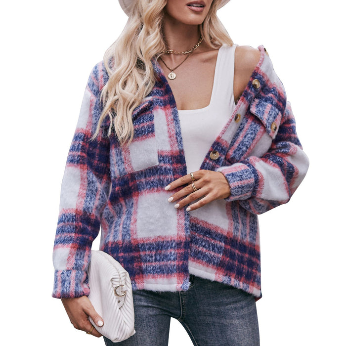 Autumn Winter Women's Plaid Mohair Short Woolen Thick Coat