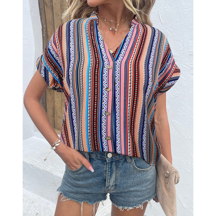 Summer Shirt Striped Button Short Sleeve Shirt Women Loose Fitting Women Lining