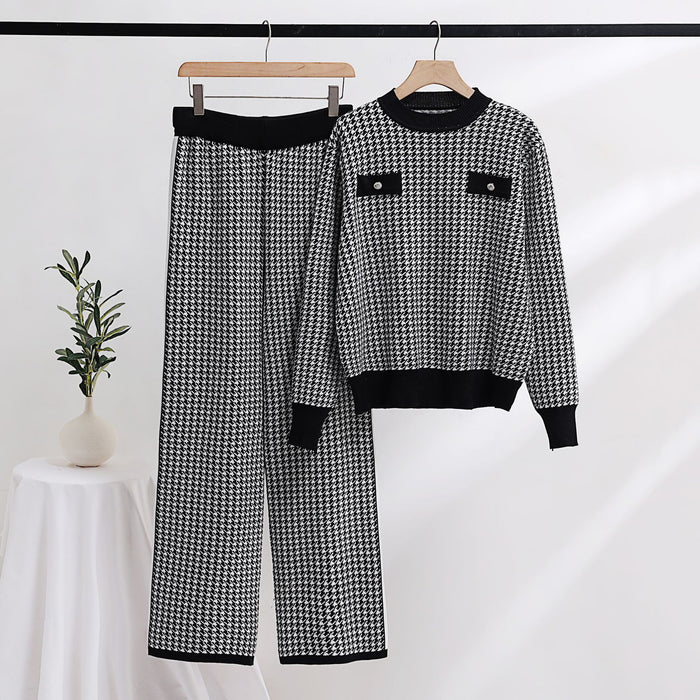 Casual Women Clothing Long Sleeved Wide Leg Pants Houndstooth Two Piece Set Office Daily Two Piece Set