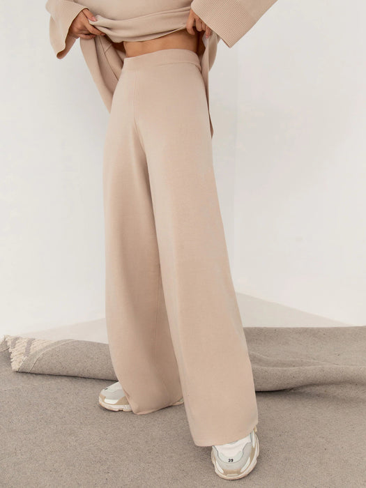 Autumn Winter Comfortable Turtleneck Asymmetric Hem Wide Leg Trousers Suit