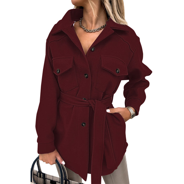 Lace-up Trench Coat Jacket Winter Solid Color Polo Collar Mid-Length Coat