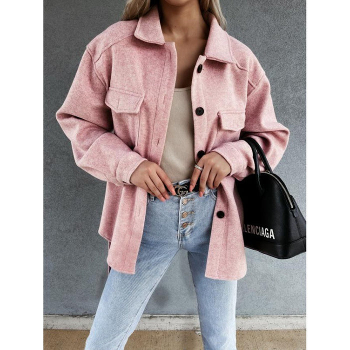 Women Color Long Sleeve Two Color Woolen Coat