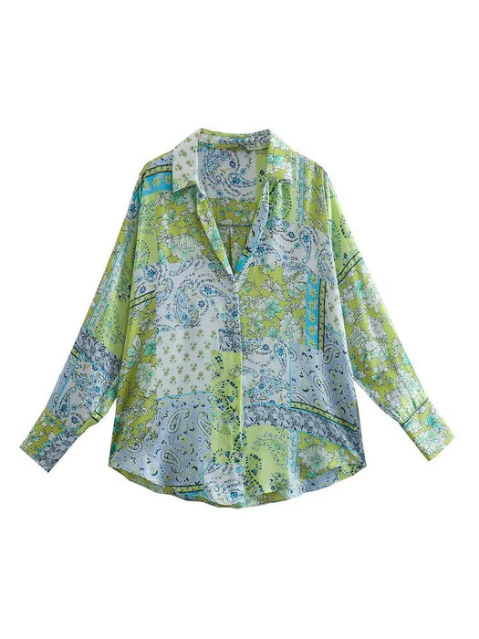 Autumn Retro Collared Long-Sleeved Green Printed Shirt Women