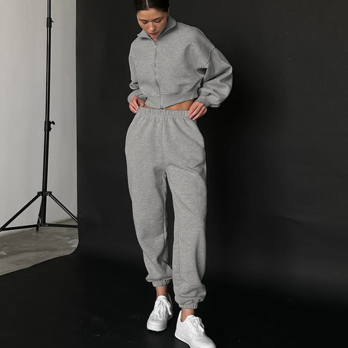 Autumn All Match Long Sleeve Fleece Pullover Elastic Band Trousers Simple Sports Set