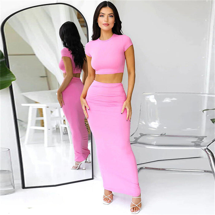 Spring Summer Women  Clothing Cropped T shirt High Waist Sheath Skirt Casual Suit