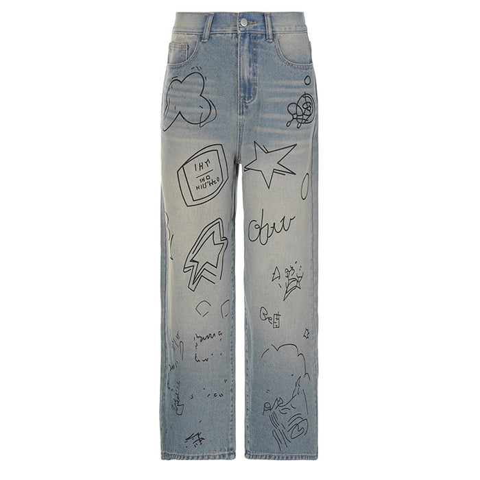 Street Graffiti Washed Blue High Waist Jeans Hip Hop Sexy Loose Mopping Straight Leg Overalls