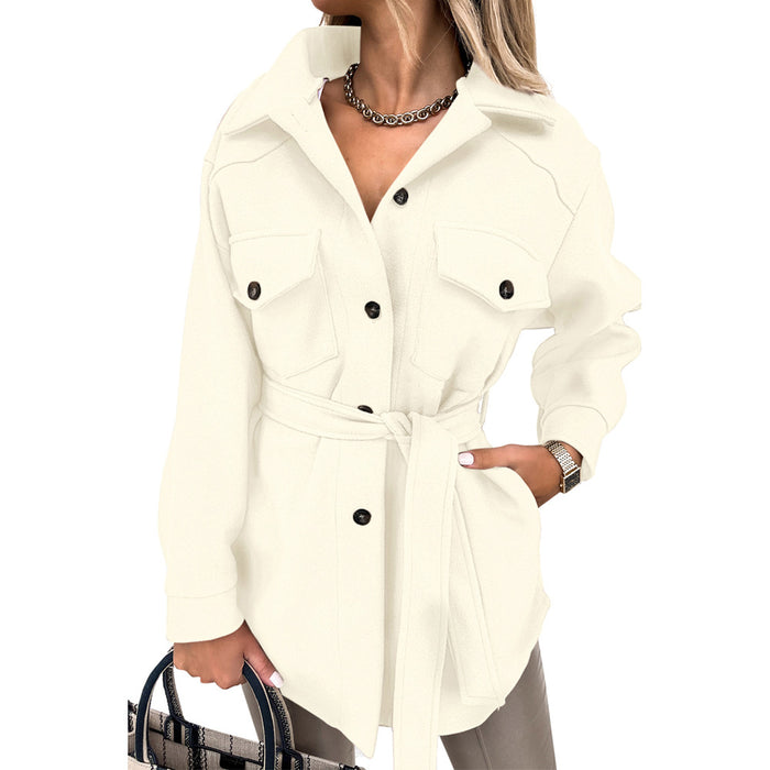 Lace-up Trench Coat Jacket Winter Solid Color Polo Collar Mid-Length Coat