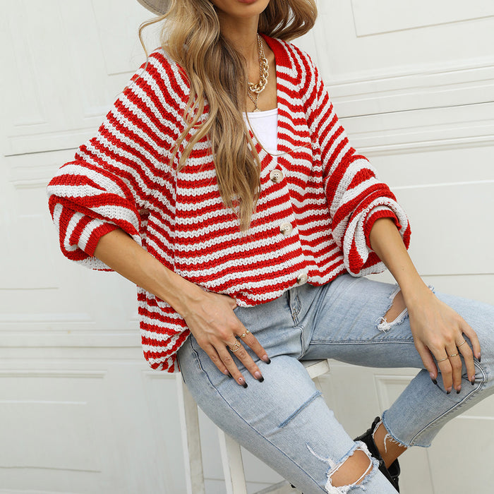 Autumn Winter Fashionable Striped Knitted plus Size Loose Idle Brown Single Breasted V neck Cardigan Sweater