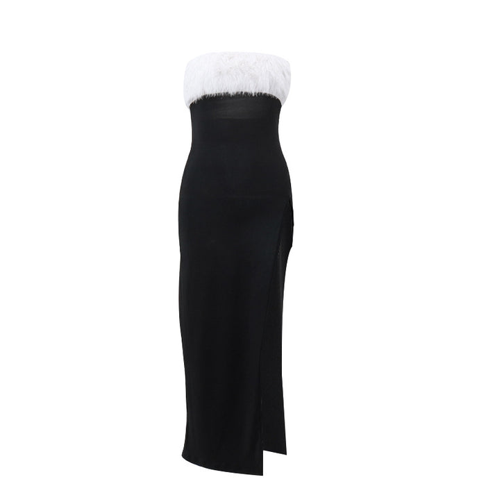 Winter Sexy Sexy off Shoulder Furry Tube Top Slit Dress Women