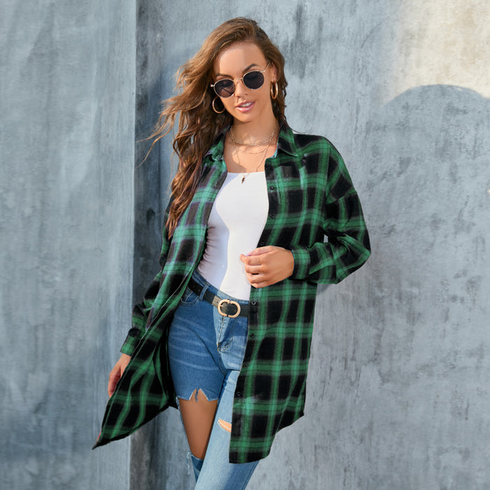 Women Long Sleeved Plaid Shirt Women Autumn Mid Length Plaid Shirt Retro Coat Women