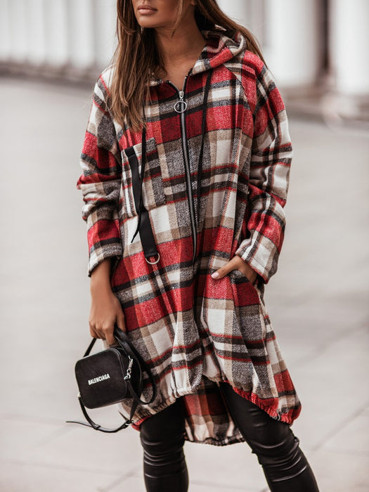 Printed Plaid Zipper Casual Mid Length Hooded Coat Shirt Women