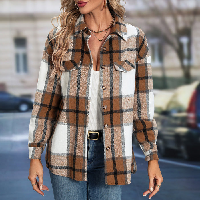 Coat Autumn Winter Plaid off Shoulder Coat Women Clothing Jacket