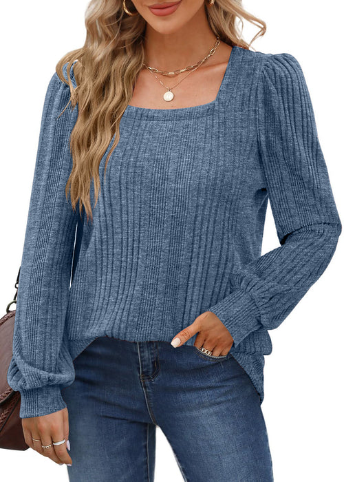 Temu Autumn Winter Women Sunken Stripe Square Collar Casual Long Sleeve Top