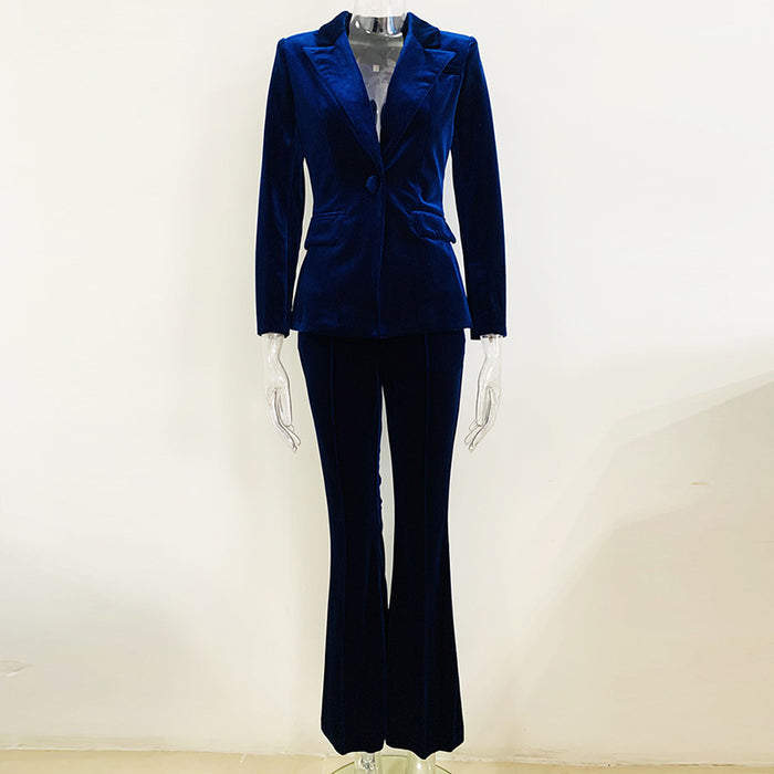 Autumn Winter Women Business Office One Button Pleuche Blazer Bell Bottom Pants Two Piece Set