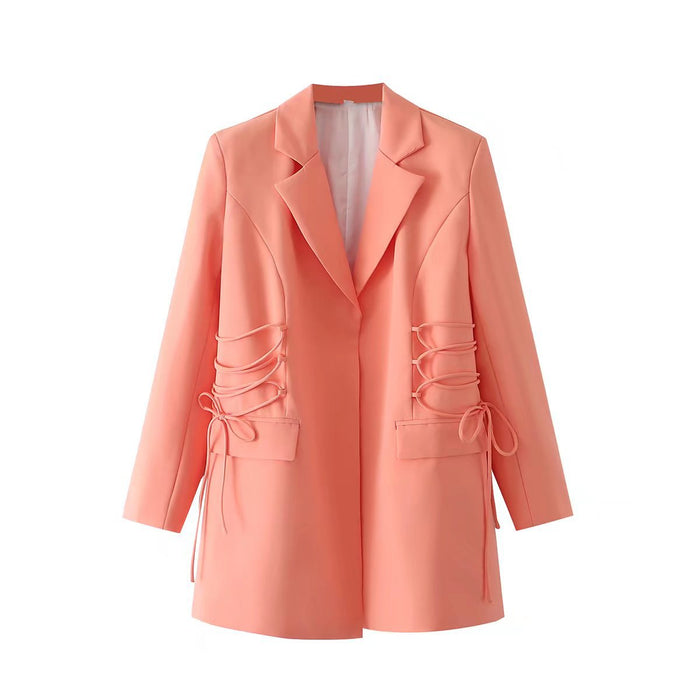 Spring Autumn Women Clothing Pink Drawstring Mid Length Waisted Pink Slimming Blazer