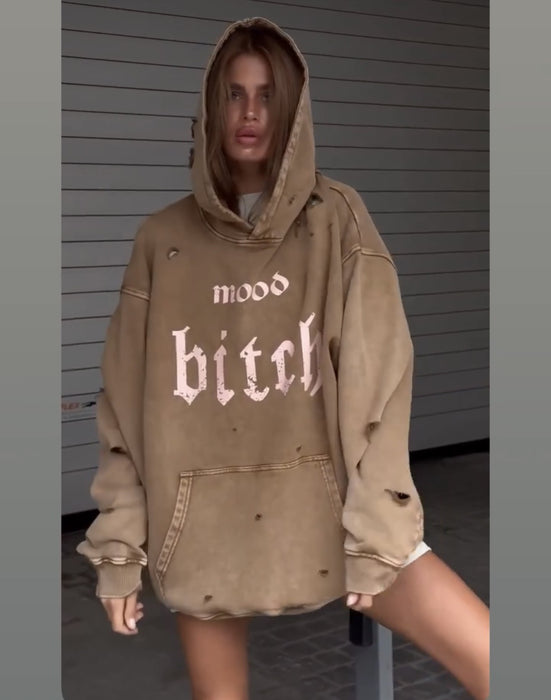 Street Worn Looking Washed-out Broken Letters Printed Hoodie Women Autumn Lazy Loose Pocket Coat