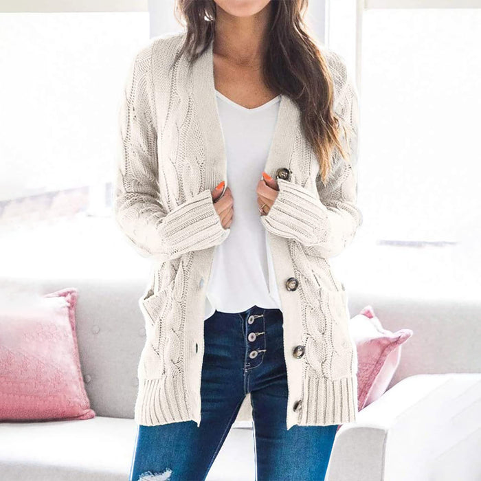 Autumn Winter Women Clothing Casual Cardigan Coat Solid Color Twist Button Cardigan Sweater Women