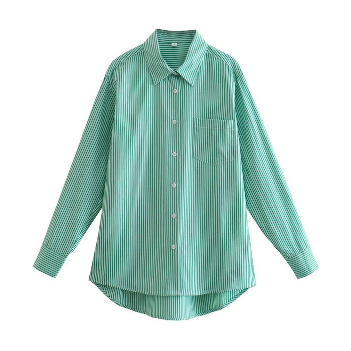 Summer Women Clothing Collared Long Sleeve Chest Pocket Shirt