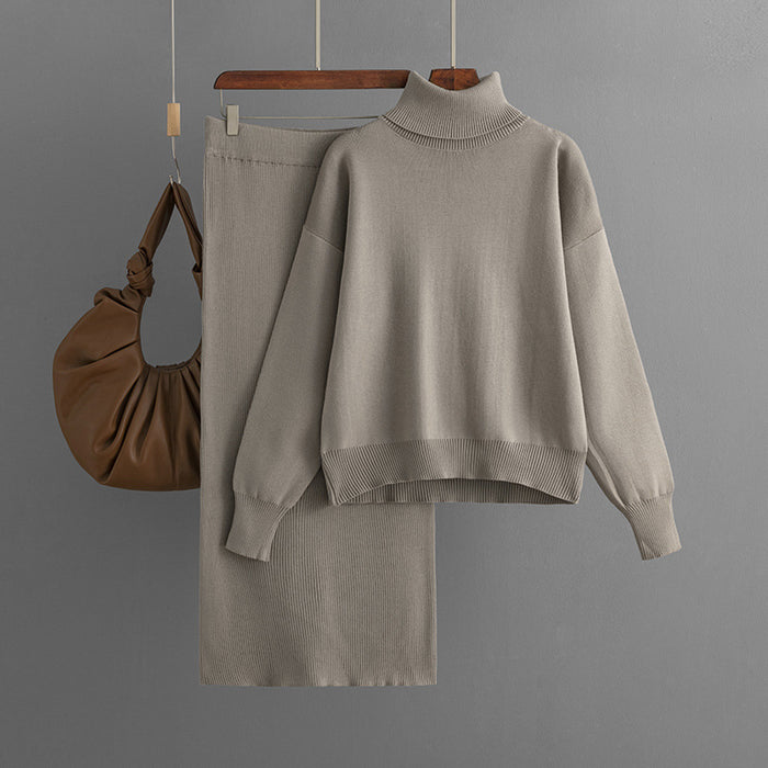 Knitting Suit Women Autumn Winter Solid Color Turtleneck Sweater Sheath Skirt Two Piece Set