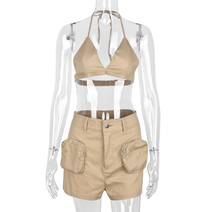 Series Neck Wrapped Chest Multi-Pocket Workwear Shorts Two Piece Set Sexy Women Clothing