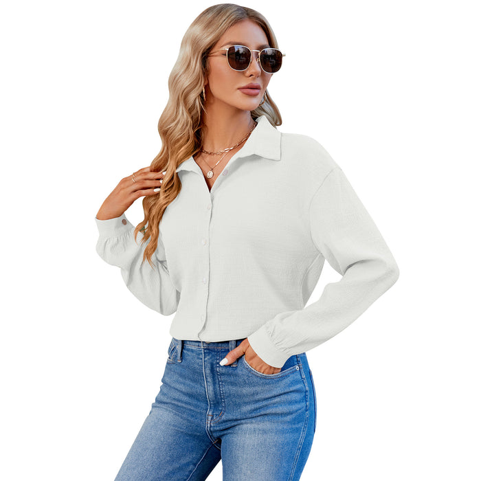 Women V Neck Button Down Shirt Solid Color Bubble Wrinkle Loose Long Sleeve Shirt Top