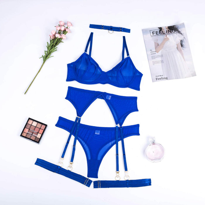 Summer New Women Fashion Sexy Underwear Mesh Comfortable Slimming Push up Four Piece Set with Steel Ring