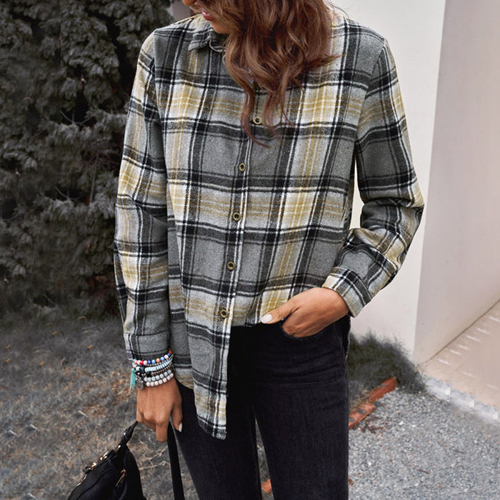 Fall Mid Length Plaid Shirt For Women Collared Loose Long Sleeve Top