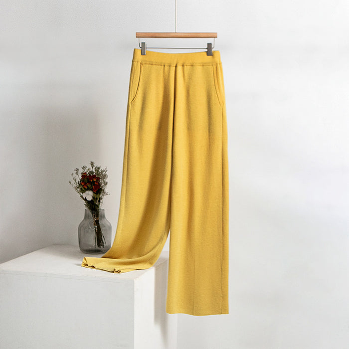 Knitted Trousers Autumn Solid Color Pocket Smart Trousers Women Loose Wide Leg Pants Straight Woollen Trousers Women